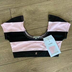 NWT CHANEL Pink&Black Striped Crop Top/bikini top size XS